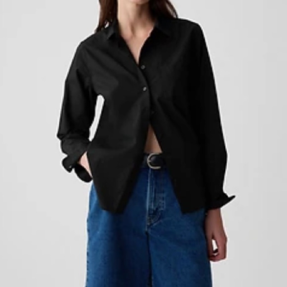 Gap Organic Cotton Weekend Tunic Shirt Size L Petite Black Button Down Pocket
